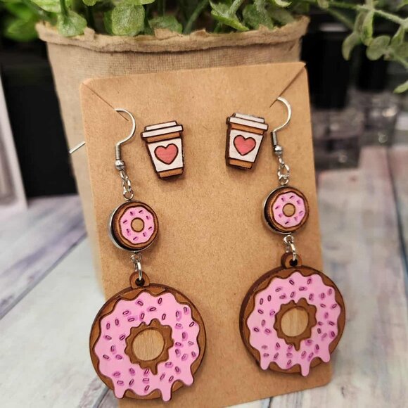Donut & Coffee Earrings Set – Cute Sweet Treat Dangles and Studs | Handmade Brea - Picture 3 of 7
